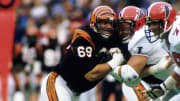 Nov 25, 1984; Cincinnati, OH, USA; FILE PHOTO; Cincinnati Bengals defensive tackle Tim Krumrie (69) in action against the Atlanta Falcons at Riverfront Stadium.  Mandatory Credit: Manny Rubio-USA TODAY Sports