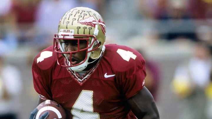 Oct 27, 2002; Tallahassee, FL, USA; FILE PHOTO; Florida State Seminoles receiver Anquan Boldin (4) in action against the Notre Dame Irish at Doak Campbell Stadium. Mandatory Credit: Imagn Images Oct 27, 2002; Tallahassee, FL, USA; FILE PHOTO; Florida State Seminoles receiver Anquan Boldin (4) in action against the Notre Dame Irish at Doak Campbell Stadium. Mandatory Credit: Imagn Images