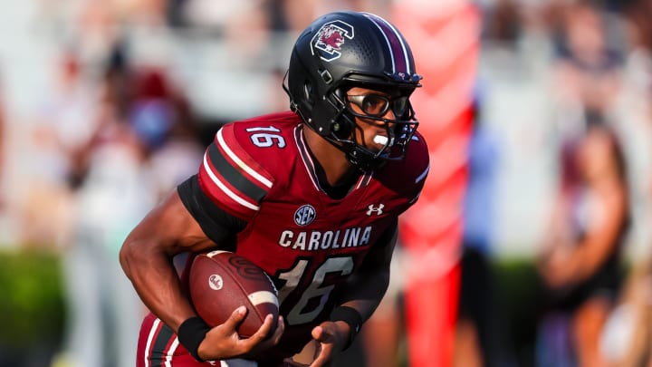 Aug 31, 2024; Columbia, South Carolina, USA; South Carolina Gamecocks quarterback LaNorris Sellers (16) rushes against the Old Dominion Monarchs in the second quarter at Williams-Brice Stadium. Mandatory Credit: Jeff Blake-USA TODAY Sports