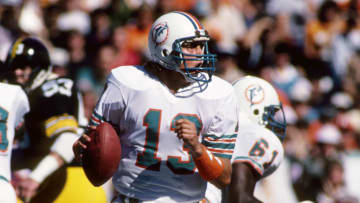 Jan 6, 1985; Miami, FL, USA; FILE PHOTO; Miami Dolphins quarterback Dan Marino (13) sets to throw against the Pittsburgh Steelers during the 1984 AFC Championship Game at the Orange Bowl. The Dolphins defeated the Steelers 45-28. Mandatory Credit: Manny Rubio-USA TODAY Sports