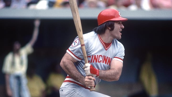 Cincinnati Reds outfielder Pete Rose in action at the plate during the 1976 season. Cincinnati Reds outfielder Pete Rose in action at the plate during the 1976 season.