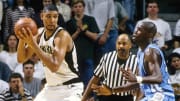 Wake Forest Demon Deacons guard Tim Duncan in action against the North Carolina Tar Heels. 