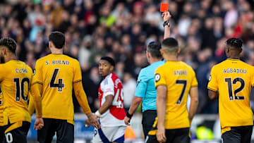Arsenal defender Myles Lewis-Skelly was given the first red card of his senior career against Wolves for a foul on Matt Doherty.
