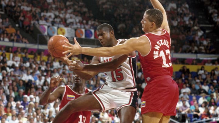 Jul 5, 1992; Portland, OR, USA: FILE PHOTO; USA dream team guard Magic Johnson (15) in action against Venezuela during the 1992 Tournament of the Americas at Memorial Coliseum. Mandatory Credit: USA TODAY Sports