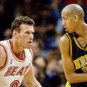 Unknown date, 1998; Miami, FL; USA; FILE PHOTO; Indiana Pacers guard Reggie Miller (31) in action against Miami Heat guard Dan Majerle (9) at the Miami Arena. Mandatory Credit: RVR Photos-USA TODAY Sports