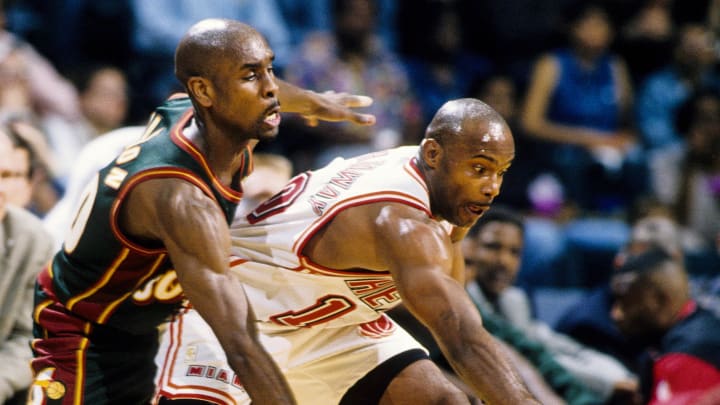 Feb 28, 1997; Miami, FL; USA; FILE PHOTO; Miami Heat guard Tim Hardaway (10) in action against Seattle Seattle Supersonics guard Gary Payton (20) at the Miami Arena. Mandatory Credit: RVR Photos-USA TODAY Sports