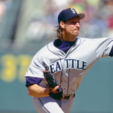 Seattle Mariners pitcher Randy Johnson in action against the Oakland Athletics at the Oakland Coliseum. 