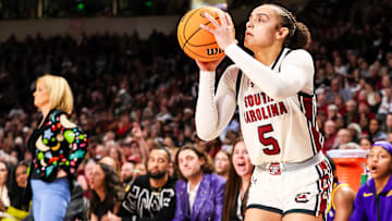 Jan 24, 2025; Columbia, South Carolina, USA; South Carolina Gamecocks guard Tessa Johnson (5) shoots the ball against the LSU Lady Tigers in the first half at Colonial Life Arena. Mandatory Credit: Jeff Blake-Imagn Images