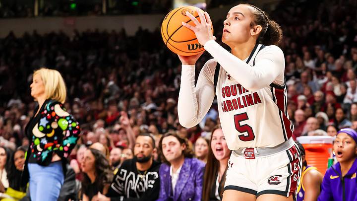 Jan 24, 2025; Columbia, South Carolina, USA; South Carolina Gamecocks guard Tessa Johnson (5) shoots the ball against the LSU Lady Tigers in the first half at Colonial Life Arena. Mandatory Credit: Jeff Blake-Imagn Images