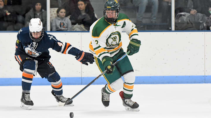 Howell's Rory Sturos handles the puck while defended by Parker Bendall of Flint Powers Catholic Saturday, Jan. 4, 2025 at 140 Ice Den. Howell's Rory Sturos handles the puck while defended by Parker Bendall of Flint Powers Catholic Saturday, Jan. 4, 2025 at 140 Ice Den.