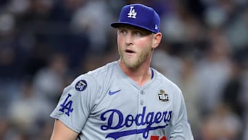 Oct 29, 2024; New York, New York, USA; Los Angeles Dodgers pitcher Ben Casparius (78) reacts after the first inning in game four of the 2024 MLB World Series against the New York Yankees at Yankee Stadium. Mandatory Credit: Brad Penner-Imagn Images