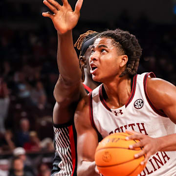 Mar 4, 2025; Columbia, South Carolina, USA; South Carolina Gamecocks forward Collin Murray-Boyles (30) looks to score against the Georgia Bulldogs in the first half at Colonial Life Arena. Mandatory Credit: Jeff Blake-Imagn Images