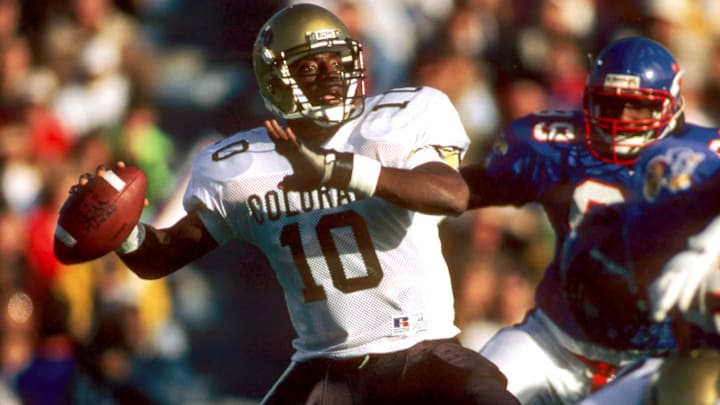 Lawrence, KS, USA; FILE PHOTO; Colorado Buffaloes quarterback Kordell Stewart (10) in action against the Kansas Jayhawks during the 1992 season at Memorial Stadium. Mandatory Credit: Photo By Imagn Images