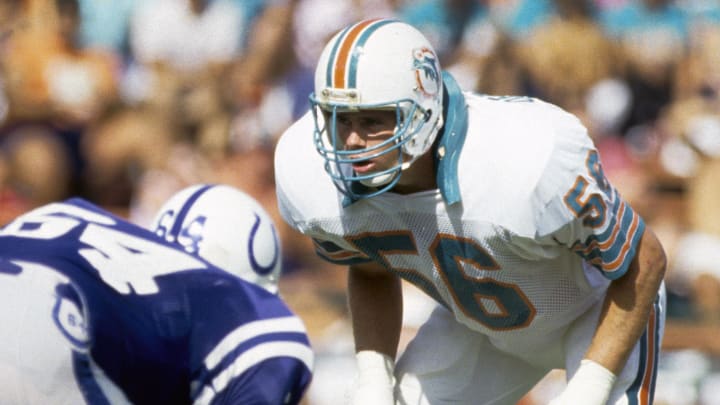 Miami Dolphins linebacker John Offerdahl (56) against the Indianapolis Colts at Dolphin Stadium in 1986.