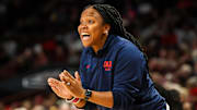 Feb 4, 2024; Columbia, South Carolina, USA; Ole Miss Rebels head coach Yolett McPhee-McCuin directs her team against the South Carolina Gamecocks in the first half at Colonial Life Arena. Mandatory Credit: Jeff Blake-Imagn Images
