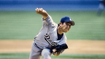 1996, Atlanta, GA, USA; FILE PHOTO; Los Angeles Dodgers pitcher Hideo Nomo in action on the mound against the Atlanta Braves at Fulton County Stadium during the 1996 season. Mandatory Credit: RVR Photos-Imagn Images