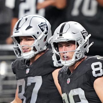 Nov 2, 2025; Paradise, Nevada, USA; Las Vegas Raiders tight end Brock Bowers (89) celebrates after a touchdown during the second half against the Jacksonville Jaguars at Allegiant Stadium. Mandatory Credit: Kirby Lee-Imagn Images