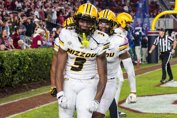 Missouri Tigers wide receiver Luther Burden III celebrates a touchdown against the South Carolina Gamecocks.