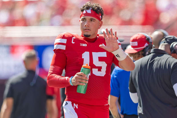 Nebraska quarterback Dylan Raiola on the sideline against Houston Christian.