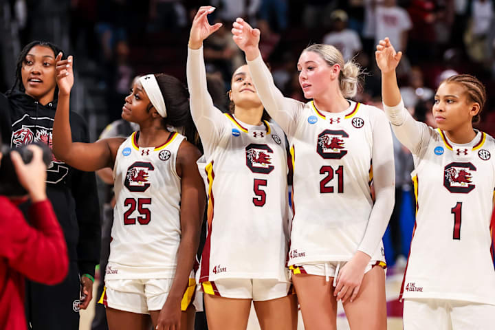 South Carolina Gamecocks players Ashlyn Watkins, Raven Johnson, Tessa Johnson, Chloe Kitts, and Maddy McDaniel.