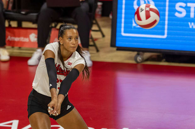 Nebraska outside hitter Harper Murray prepares to receive a serve during the Red-White Scrimmage on Saturday.