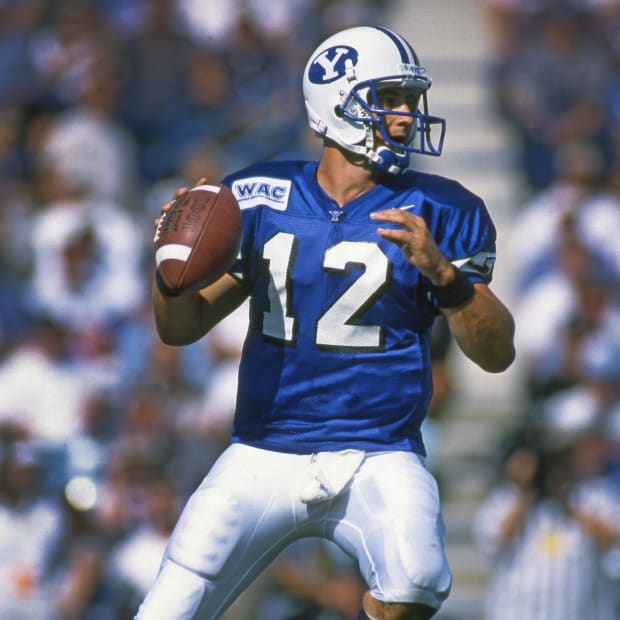 Aug 24, 1996; Provo, UT, USA, FILE PHOTO; BYU Cougars quarterback Steve Sarkisian (12) looks to throw against the Texas A&M Aggies at LaVell Edwards Stadium. Mandatory Credit: Peter Brouillet-USA TODAY NETWORK