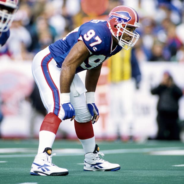 Former Buffalo Bills linebacker Cornelius Bennett awaits the snap during a game against the New York Jets.