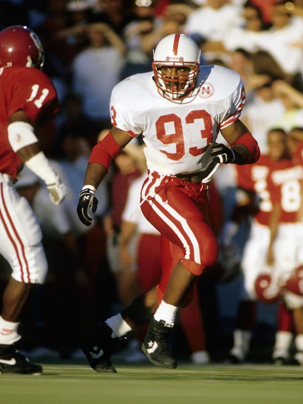 Nebraska Cornhuskers linebacker Travis Hill (93) in action against the Oklahoma Sooners.