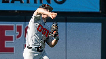 Oregon State's Dallas Macias throws from the outfield during game 2 of Iowa vs. Oregon State baseball at Principal Park on May 10, 2025, in Des Moines.