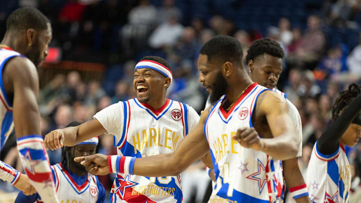 Globetrotters dance as fans enjoyed legendary antics during the Harlem Globetrotters 100 Years of Legacy tour at Exactech Arena at the Steven C. O'Connell Center in Gainesville, FL, on Monday, January 12, 2026. The globetrotters took on their traditional rivals, the Washington Generals, and pulled out a two-point win in overtime, 85-83. [Alan Youngblood/Gainesville Sun]