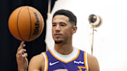 Sep 24, 2025; Phoenix, AZ, USA; Phoenix Suns guard Devin Booker (1) poses for portrait during Media Day at PHX Arena. Mandatory Credit: Mark J. Rebilas-Imagn Images