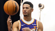 Phoenix Suns guard Devin Booker (1) poses for portrait during Media Day at PHX Arena.