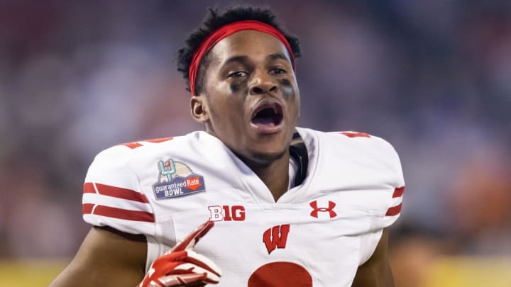 Dec 27, 2022; Phoenix, Arizona, USA; Wisconsin Badgers cornerback Ricardo Hallman (2) against the Oklahoma State Cowboys during the 2022 Guaranteed Rate Bowl at Chase Field. Mandatory Credit: Mark J. Rebilas-USA TODAY Sports