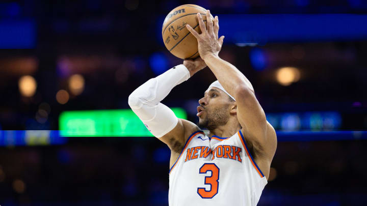 May 2, 2024; Philadelphia, Pennsylvania, USA; New York Knicks guard Josh Hart (3) shoots against the Philadelphia 76ers during game six of the first round for the 2024 NBA playoffs at Wells Fargo Center. Mandatory Credit: Bill Streicher-USA TODAY Sports