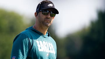 Philadelphia Eagles head coach Nick Sirianni looks on during training camp at NovaCare Complex. Mandatory Credit: Bill Streicher-Imagn Images