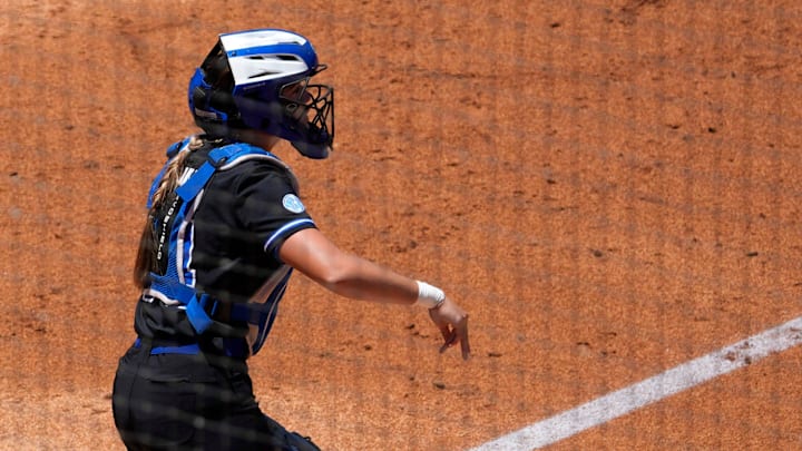 Georgia outfielder Dallis Goodnight (1) scores a run during a SEC softball tournament against Kentucky in Athens, Ga., on Tuesday, May 6, 2025.