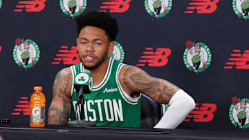 Sep 29, 2025; Boston, MA, USA; Boston Celtics guard Anfernee Simons (4) talks with reporters during media day at the Auerbach Center. Mandatory Credit: David Butler II-Imagn Images