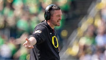 Oregon head coach Dan Lanning yells to the officials as the Fighting Ducks face off against Mighty Oregon in the Oregon Ducks spring game on April 26, 2025, at Autzen Stadium in Eugene.