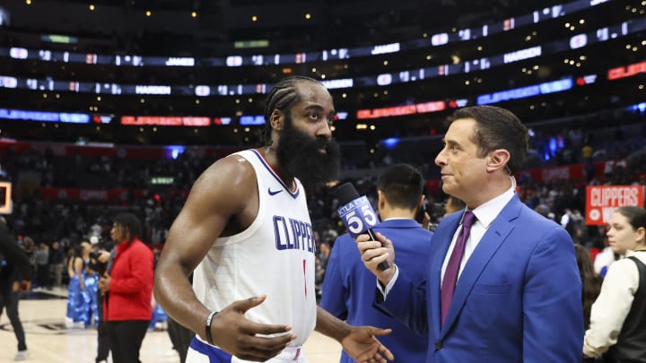 Dec 14, 2023; Los Angeles, California, USA; LA Clippers guard James Harden (1) interviews after the