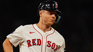 Sep 9, 2024; Boston, Massachusetts, USA; Boston Red Sox designated hitter Tyler O'Neill (17) hits a home run against the Baltimore Orioles in the third inning at Fenway Park. Mandatory Credit: David Butler II-Imagn Images