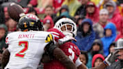 Nov 5, 2022; Madison, Wisconsin, USA; Maryland Terrapins  defensive back Jakorian Bennett (2) is penalized for pass interference while covering Wisconsin Badgers wide receiver Keontez Lewis (3) during the second quarter at Camp Randall Stadium. Mandatory Credit: Mark Hoffman/Milwaukee Journal Sentinel via USA TODAY NETWORK