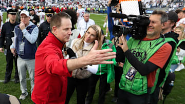 Nov 8, 2025; University Park, Pennsylvania, USA; Indiana Hoosiers head coach Curt Cignetti is interviewed following the game against the Penn State Nittany Lions at Beaver Stadium. Mandatory Credit: Matthew O'Haren-Imagn Images