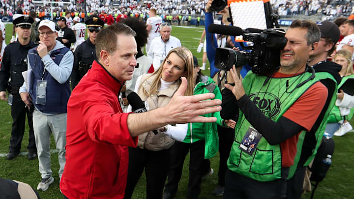 Nov 8, 2025; University Park, Pennsylvania, USA; Indiana Hoosiers head coach Curt Cignetti is interviewed following the game against the Penn State Nittany Lions at Beaver Stadium. Mandatory Credit: Matthew O'Haren-Imagn Images