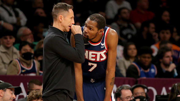 Brooklyn Nets head coach Steve Nash talks to forward Kevin Durant during the fourth quarter against the Phoenix Suns. Brooklyn Nets head coach Steve Nash talks to forward Kevin Durant during the fourth quarter against the Phoenix Suns.