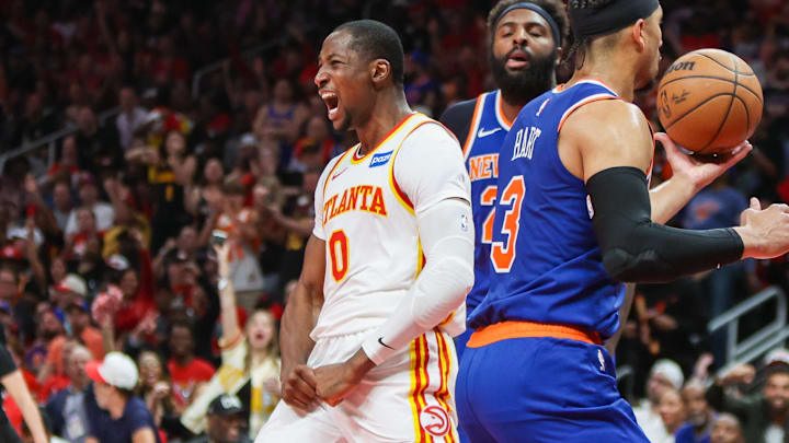 Apr 23, 2026; Atlanta, Georgia, USA; Atlanta Hawks forward Jonathan Kuminga (0) reacts after a basket against the New York Knicks in the fourth quarter during game three of the first round of the 2026 NBA Playoffs at State Farm Arena. Mandatory Credit: Brett Davis-Imagn Images
