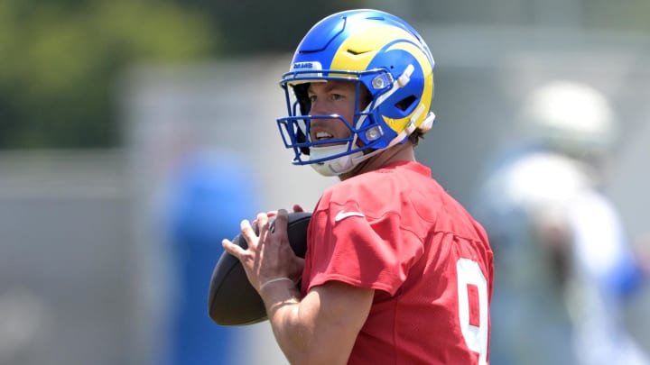 May 28, 2024; Thousand Oaks, CA, USA; Los Angeles Rams quarterback Matthew Stafford (9) during OTAs at the team training facility at California Lutheran University. Mandatory Credit: Jayne Kamin-Oncea-USA TODAY Sports