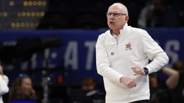 Mar 12, 2024; Washington, D.C., USA; Miami (Fl) Hurricanes head coach Jim Larranaga reacts after a foul call in their game against the Boston College Eagles in the first half at Capital One Arena. Mandatory Credit: Geoff Burke-USA TODAY Sports