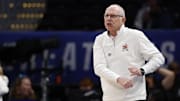 Mar 12, 2024; Washington, D.C., USA; Miami (Fl) Hurricanes head coach Jim Larranaga reacts after a foul call in their game against the Boston College Eagles in the first half at Capital One Arena. Mandatory Credit: Geoff Burke-Imagn Images