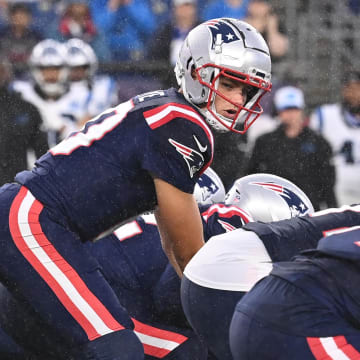 August 8, 2024; Foxborough, MA, USA;  New England Patriots quarterback Drake Maye (10) under center during the first half against the Carolina Panthers at Gillette Stadium. Mandatory Credit: Eric Canha-USA TODAY Sports