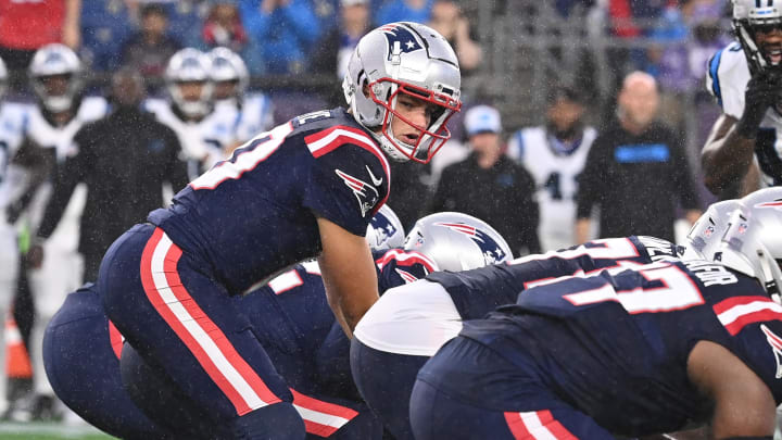 August 8, 2024; Foxborough, MA, USA;  New England Patriots quarterback Drake Maye (10) under center during the first half against the Carolina Panthers at Gillette Stadium. Mandatory Credit: Eric Canha-USA TODAY Sports